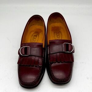 Tod's Dark Red/Burgundy Leather Fringe Loafers